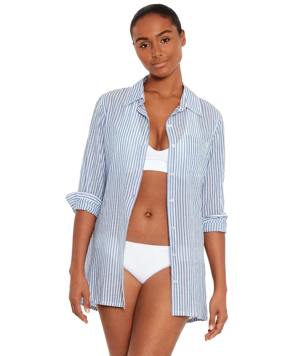 Lauren Ralph Lauren Cotton Striped Camp Shirt Swim Cover-Up In Blue White